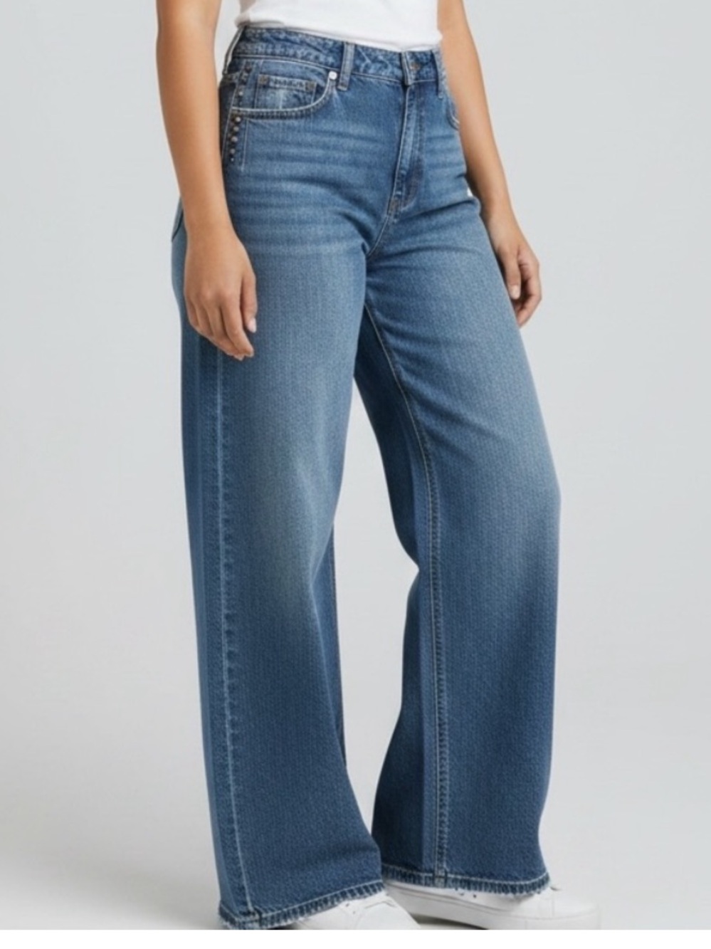 VERVET Olivia High-Rise Wide Leg Jeans with Stud Details in Medium Blue